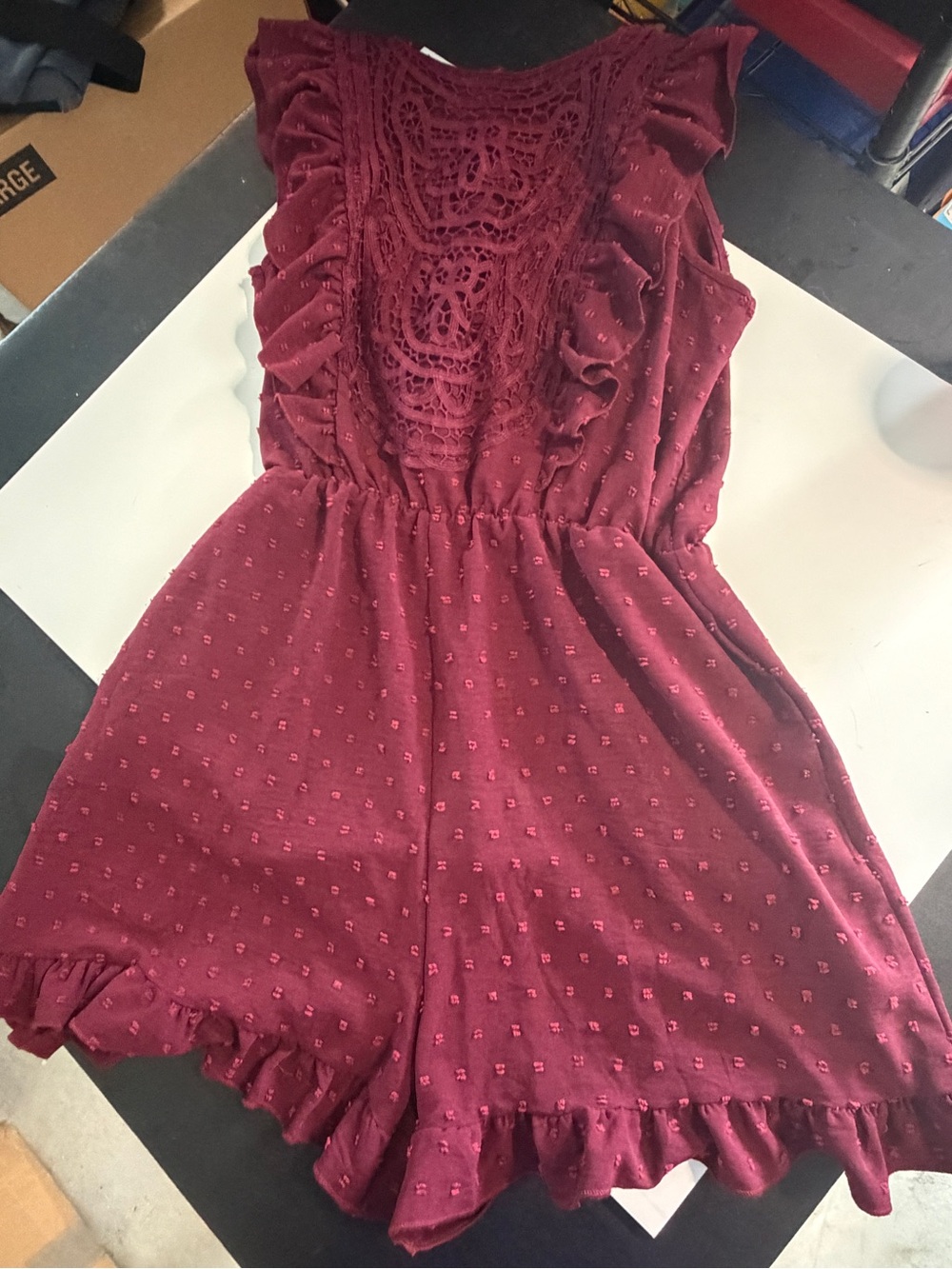 Woman’s Burgundy Lace-Front Ruffle Romper